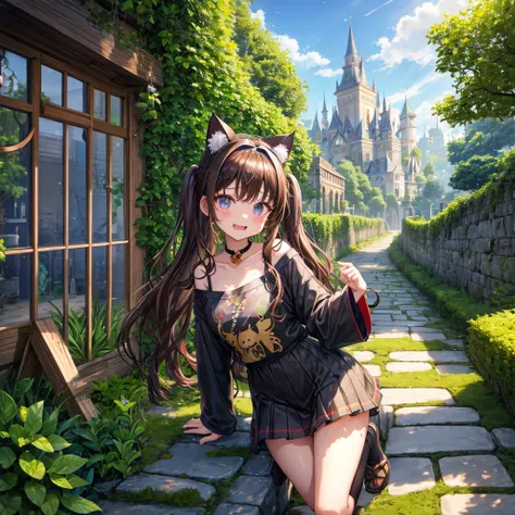 Rainbow brown hair、Rainbow Eyes、Wavy Hair、Hair tied up、Two cute、Checked mini skirt、Black T-shirt、Cat Ear Robe、Black knee-high socks、Headband、Teeth are visible、Monster Castle、Tilting face、lawn、In front of the city gates、Underground tunnels、The stone is crac...