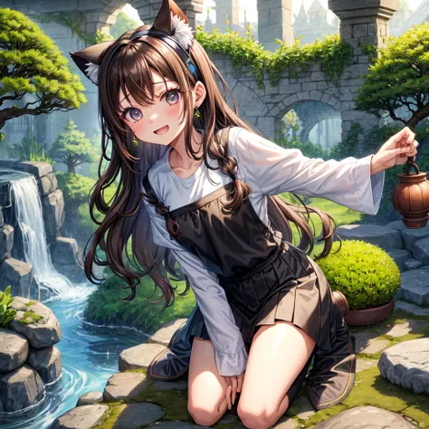 Rainbow brown hair、Rainbow Eyes、Wavy Hair、Hair tied up、Two cute、Checked mini skirt、Black T-shirt、Cat Ear Robe、Black knee-high socks、Headband、Teeth are visible、Monster Castle、Tilting face、lawn、In front of the city gates、Underground tunnels、The stone is crac...