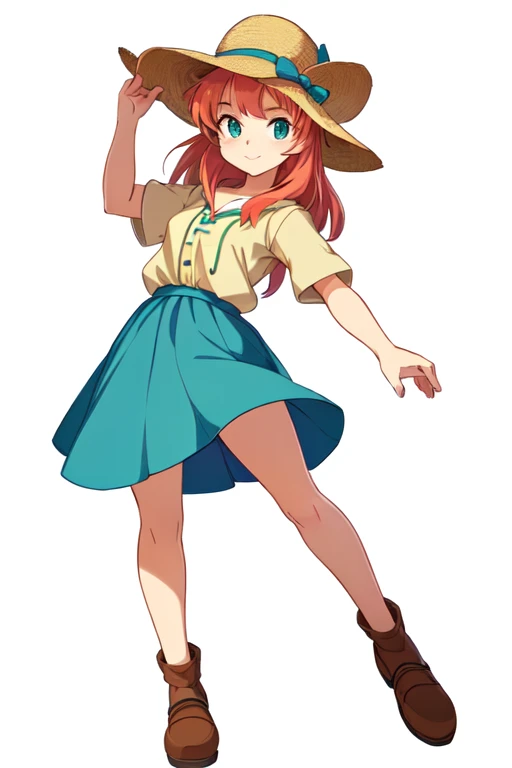 there is a drawing of a girl with a hat on, animation character, character drawing, cartoon drawing, character design for animation, full body character drawing, cel shaded:15, full color drawing, character is in her natural pose, childrens book drawing, c...