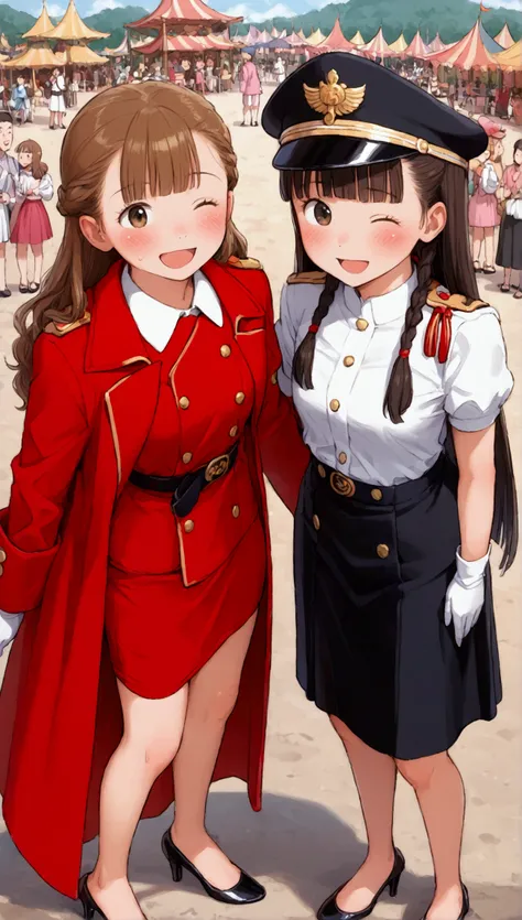 {Best Quality}, {Very beautiful},{Ultra fine},{Best illustration},Brown Hair,Hime cut,Long Hair,Braids,Standing Woman,Woman guarding,Adult women,smile,Excited face,Wink,Uniform cap,White Shirt,Short sleeve,long black skirt,White gloves,Around town,festival...