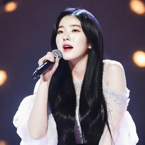 a photo of irene, ohwx woman, on stage singing, black hair, the best quality, beautiful face