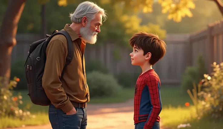 Peter parker with his uncle.uncle is talking whith peter.both are whering casuals.peter is a small boy and uncle is a bit old.realistic