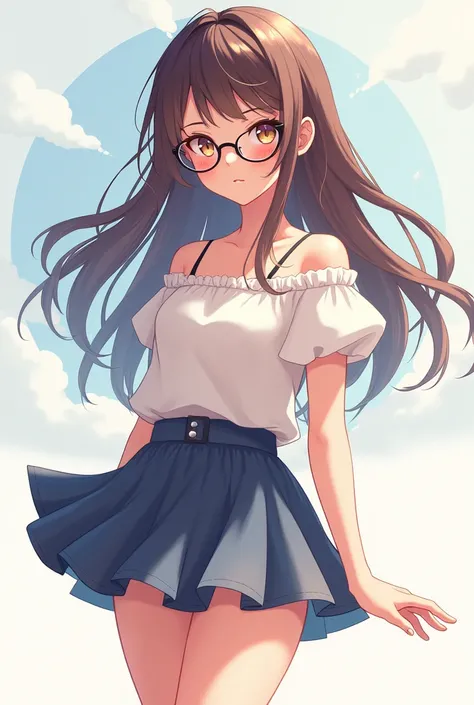 A woman with glasses, long hair, and a short skirt.
Anime