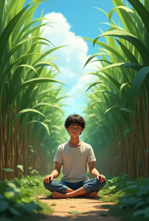 Young man sitting in a sugarcane plantation