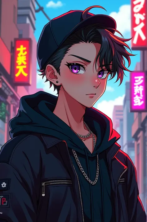 Make a portrait of an anime boy wearing black and hip-hop style