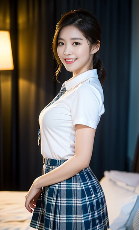 (a stunning korean lady, dark bedroom, white short-sleeve short, mini-skirt, plaid tie, plaid skirt, youthful charms, smooth com...