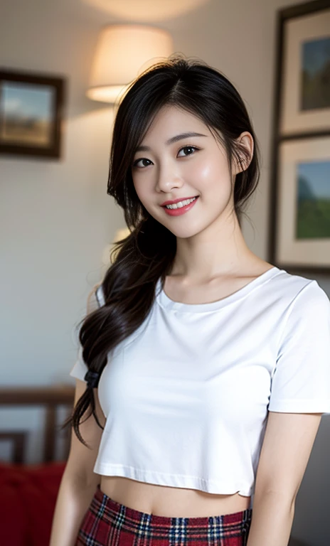 (A stunning Korean lady, dark bedroom, white short-sleeve short, mini-skirt, plaid tie, plaid skirt, youthful charms, smooth complexion, beautiful detailed face, beautiful detailed eyes and lips, long eyelashes, slender figure, perfect body proportion, fem...