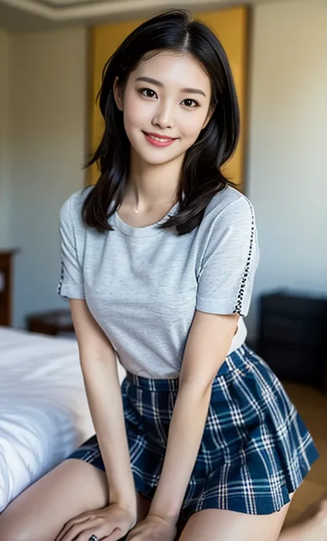 (A stunning Korean lady, dark bedroom, white short-sleeve short, mini-skirt, plaid tie, plaid skirt, youthful charms, smooth complexion, beautiful detailed face, beautiful detailed eyes and lips, long eyelashes, slender figure, perfect body proportion, fem...