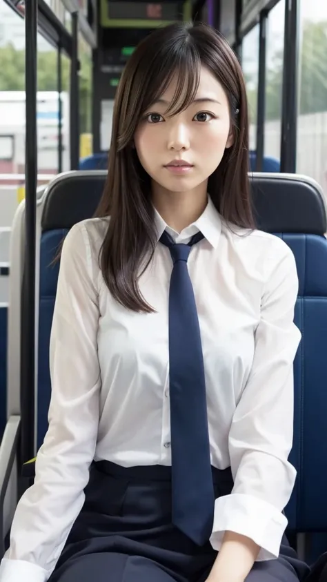 Sitting in a bus seat on the way to work、Please generate a Japanese woman in her 30s wearing a suit.。She has her eyes open and her hands on her stomach。I&#39;m taking a deep breath。The woman has a calm expression、It represents a moment of mindfulness durin...