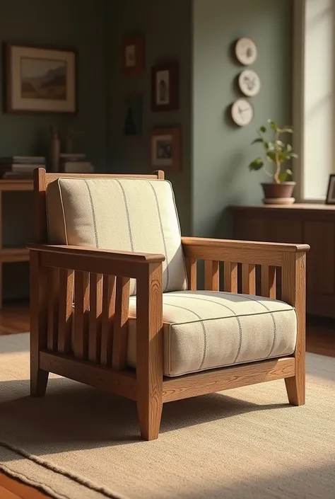 Dessin à moitié tourné arrière  du fauteuil en bois et tissu en hachure point de vue mi hauteur 