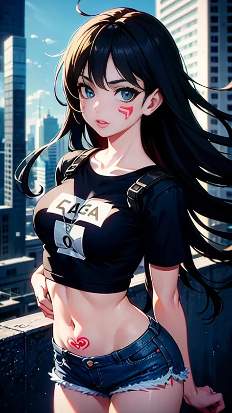 Masterpiece, high-quality, Anime girl with long black hair and bangs, pale skin, wearing a graphic tee and distressed denim shorts, barcode tattoo on midriff, three-quarter view portrait. Break, Cyberpunk cityscape background with fragmented urban structur...