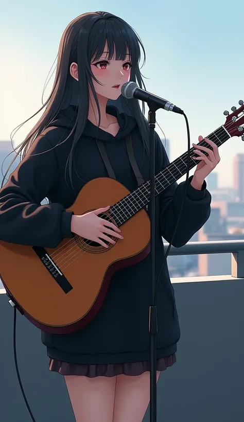 masterpiece, Best Quality, High resolution, Very detailed,(((beautiful girl))), (((Standing at a distance))), (((Around town))), (((Playing an acoustic guitar))), (((Singing))), (((microphone))), (((Black hoodie))), (((handrail))), (((rooftop))), (((Black ...