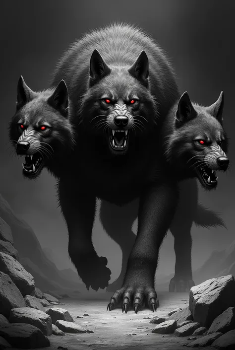 Make a simple, black and white image of Cerberus the 3-headed dog 