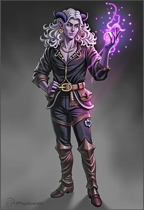 Male warlock d&d, purple skin and yellow eyes he has horns gray hair, full body portrait 