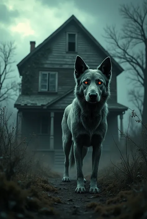 An old house with a dog with red eyes