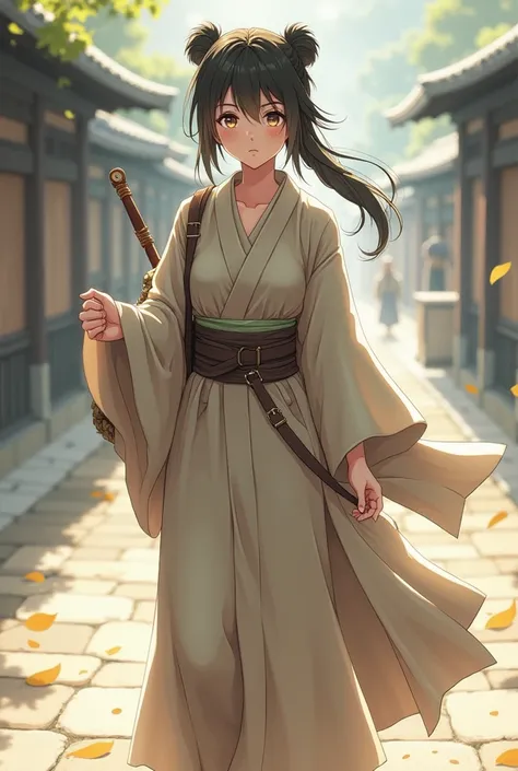 Anime Woman with ancient japanese style dress for travelling Like just two pieces of clothes losses Black cargo like pant and dark brown t shirt just cover her elbow little like warrior 