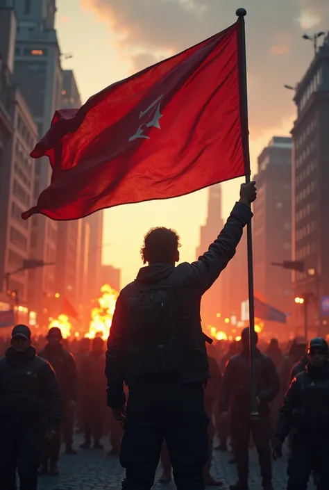 An image of deadly revolution in a city holding a flag