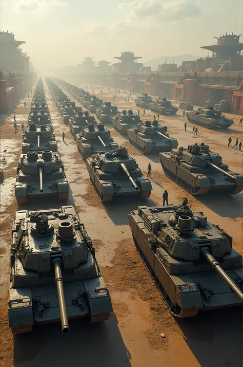 Lot of military tanks preparing for war