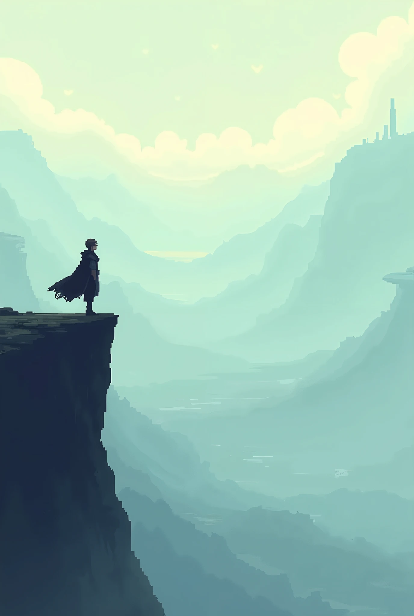 The wanderer over the sea of fog in a pixel art style 