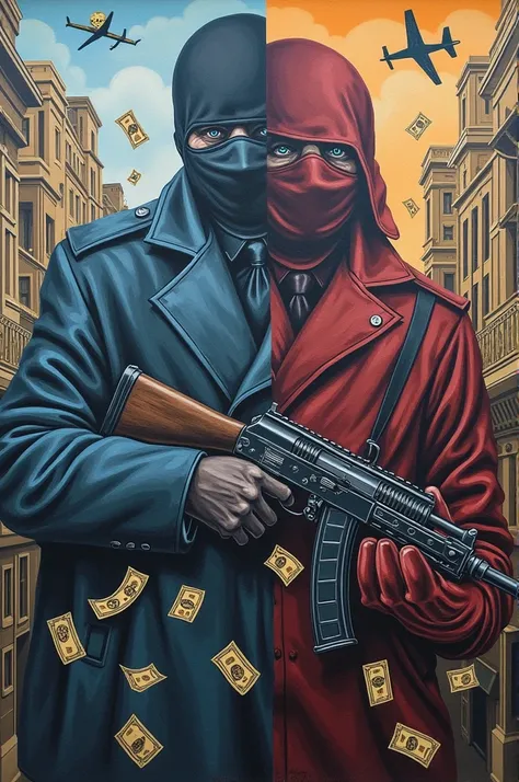 A mural depicting organized crime could combine visual elements that reflect both illegal activities and the social consequences that this phenomenon generates.. The composition of the mural could include:

1. Dark characters or masked figures: Representin...