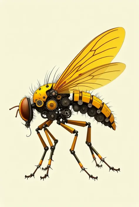 Drosophila melanogaster as only gears and levers for body and wings, yellow colour mechanical parts, no background, 2D dorsal view