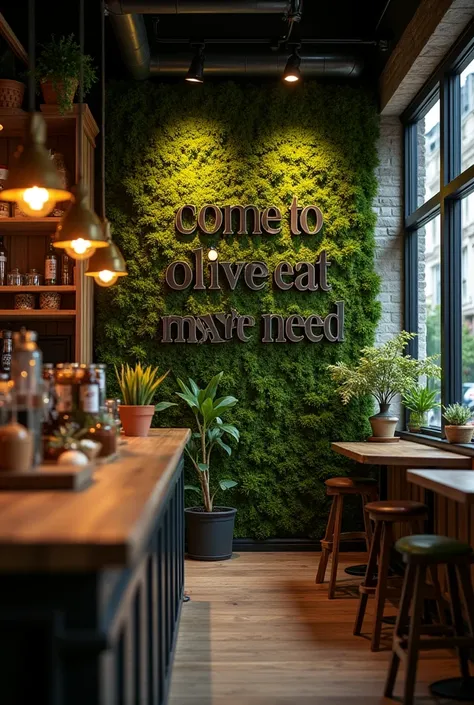 Create the interior of a shop where on the wall ,,Come to Oliv and eat what you need,, stands in dark chrome look surrounded by LED and little moss 