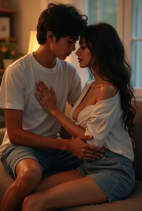 realistic ultra hd, cinematic, erotic, sensual sex, one indian boy and one indian girl, on the couch in their home. he is wearing t shirt and shorts, she is wearing school uniform full open white open shirt and mini school skirt, man is grabbing and holdin...