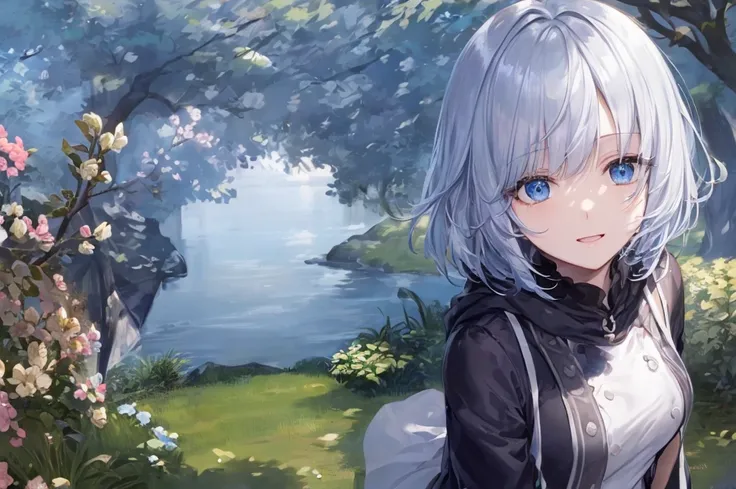 Ultra HD,Look at the viewers, and, 20 years old, 非常にShort Hair, Long bangs between the eyes, Pale blue eyes, Very detailed,(masterpiece、Best Quality),Gray Hair、Laughter、wonderful, Silver Hair, iris, Short Hair、Small face、明るいsmile、(Detailed face) ,Professio...