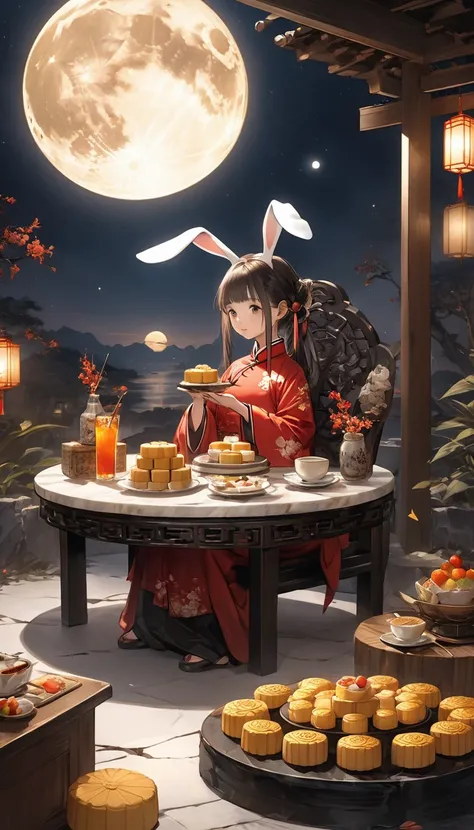 Background is night，There is a full moon in the sky，Very big moon，Under the moon there is a little sister with rabbit ears，wearing chinese clothing，sitting on stone chair，正在吃moon cake，In the middle is a large and textured marble table，top with dessert，moon...