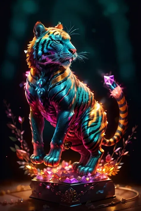 (((best quality))), tiger, colored crystal tiger statue, crystal polygons, glowing heart of statue, highres, ultra-detailed