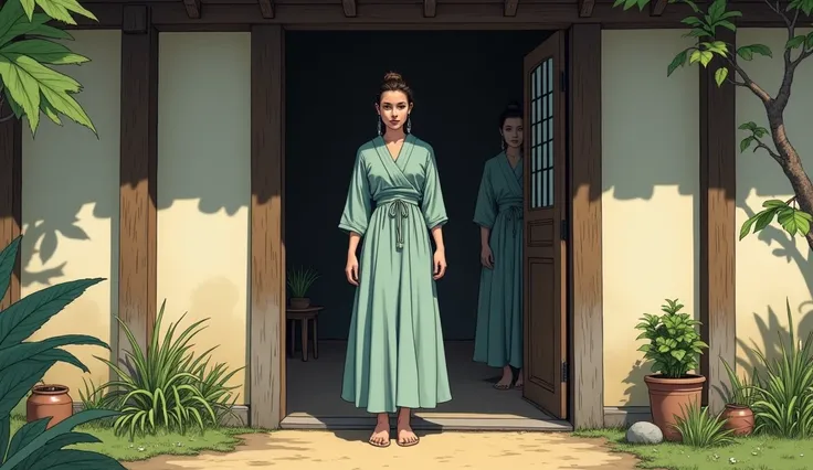 In comic style without bubble 
Evelyn standing at the threshold of a traditional, modest house, with a calm yet determined expression. She is dressed in a simple but elegant village dress, with a soft, flowing fabric in muted colors like light blue or past...