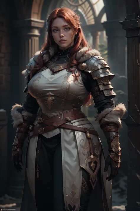 ​masterpiece, Best Quality, detailed, Cinematics, 4k, Background with:Viking buildings built on snowy fjord cliffs, Viking woman warrior wearing armor and fur coat with rune tattoos,red hair, very long hair, light blue eyes, thick thighs, huge breasts, ((m...