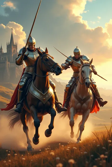 Two medieval knights engaged in an intense jousting duel atop their horses, set against a dramatic, sunlit battlefield. Both knights wear ornate armor and hold lances, with dynamic motion and fierce expressions. The background features rolling hills, a dis...