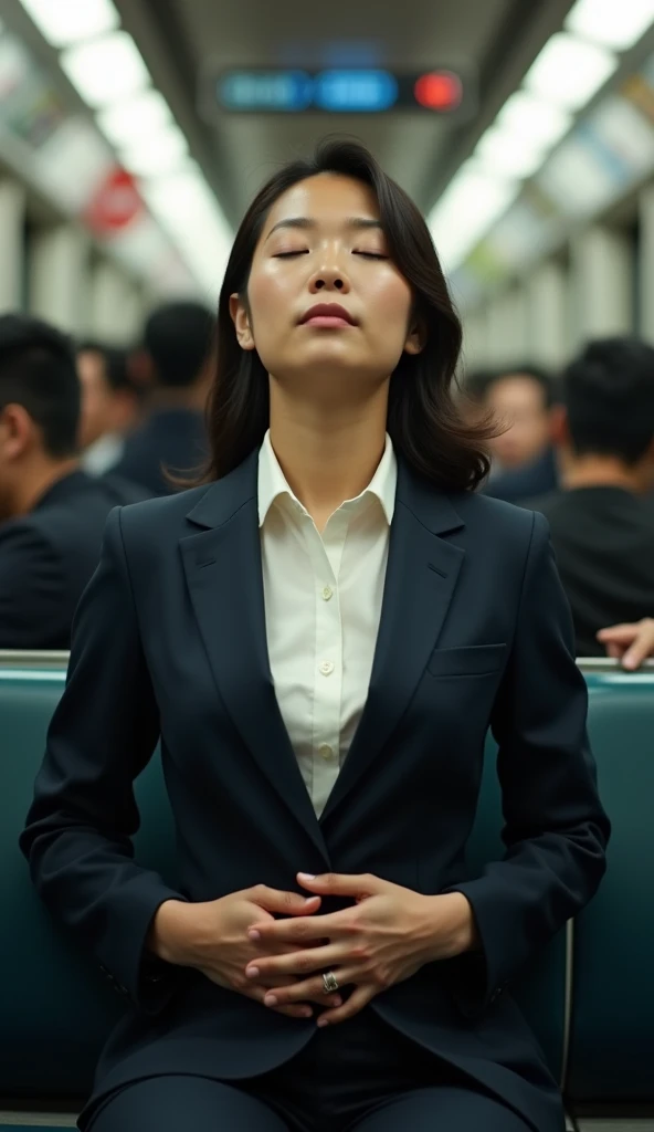 A Japanese woman in a suit、Sitting in a crowded subway seat、Close your eyes、Place your hands on your stomach、Doing abdominal breathing。