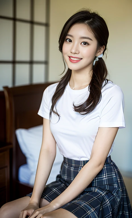 (a stunning korean lady, dark bedroom, white short-sleeve shirt, mini-skirt, plaid tie, plaid skirt, youthful charms, smooth com...