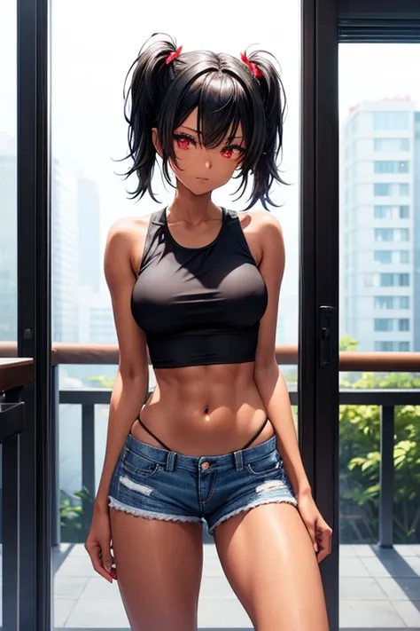 Woman, Beautiful Body, Fit Body, Red Eyes, Black Hair, Black Hair Color, Beautiful Face, Nice Legs, Caramel Skin, Caramel Skin Color, Short Tank Top, Short Shorts Twintails, 