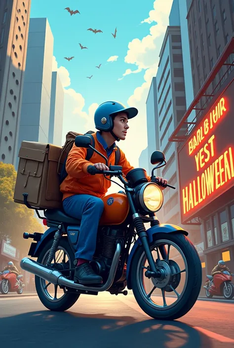 Create a delivery man driving his motorcycle in the city in a blue and orange uniform with his delivery backpack and who finds a sign that says Happy Halloween 

