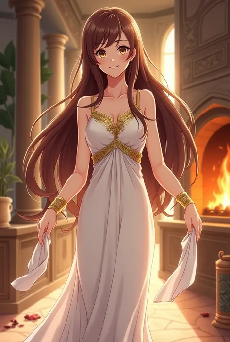 Hestia, western anime style, full body view with relevant to its mythology background