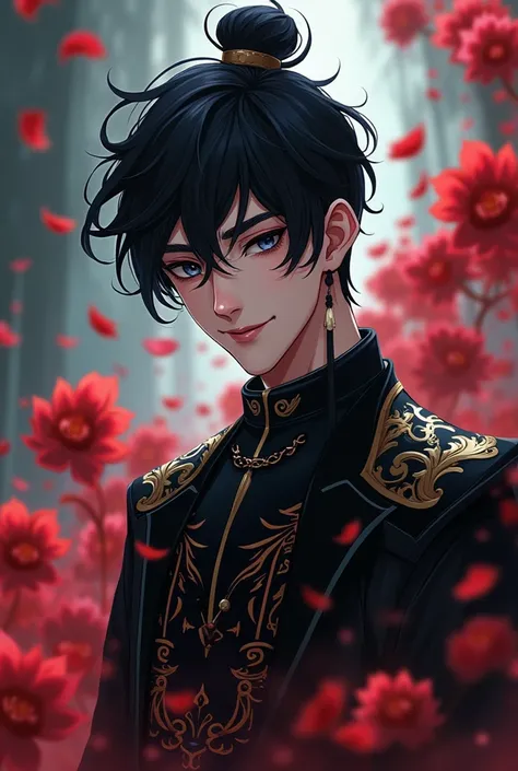 Make a Chinese cultivator manhwa cultivator,I want him with black hair, black eyes full of dark circles, he wears a black outfit with black and gold details,It has several red flower petals around it, he is an evil man,and he&#39;s giving a mocking smile, ...