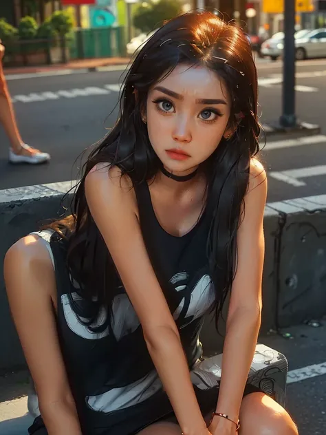 ultra-detailed, vibrant colors, soft natural lighting, fine art, bokeh effect. upper body, casual outfit, medium shot, big eyes, huge eyes, ((upset expression)), sitting on a bench in a subway statuon, ((sitting)), ((on a streets curb)), ((upset face)), 