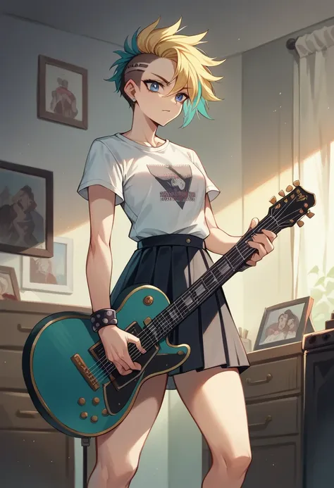 High quality picture, masterpiece, 8k, blond bobbed hair, short punk long shirt, wearing a skirt with punk design,, looking frontal and provocative, big blue eyes, colourful make-up, sophisticated description, holding guitar,, rock-style room