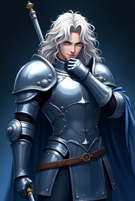 The image depicts an imposing character, with long curly hair, that goes down to the shoulders. He is dressed in meticulously detailed silver armor., that reflects light in an impressive way. The armor is composed of several parts, including stylish should...