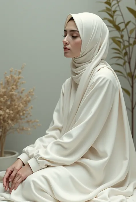 Hijab women sit white skin white dress