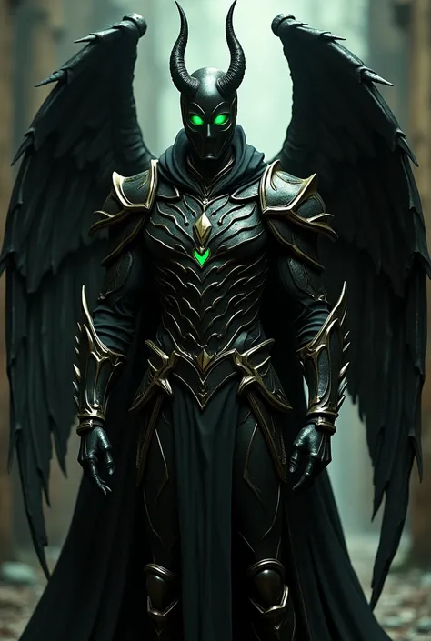 an anti-hero, with black armor, with gold details, black mask, black cover, 4 black wings, black horns and green eyes