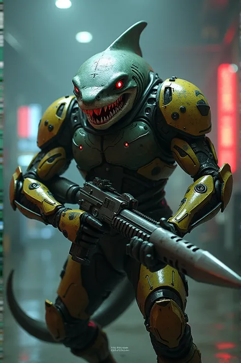 A shark with armor, with green, yellow, red details with a scythe and a machine gun with an evil face