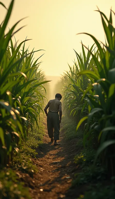 Worker sitting in a sugarcane plantation seen from afar  