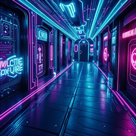 Oblivion Express, Mod Party, foolish girl, Cocktail Capers, Neon lit empty futuristic corridor illustration, Night club neon sign aerial 3d with glowing neon effects, Drive a Oblivion Express through a neon-light cyberpunk city at night, Colorful Butterfli...