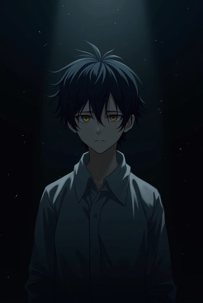 Create a desktop wallpaper of an anime boy in black background 