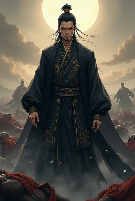 Make a Chinese cultivator manhwa cultivator,I want him with black hair, black eyes full of dark circles, he wears a black outfit with black and gold details,there are dead people around him, he is a 30 year old man. I want it as an anime