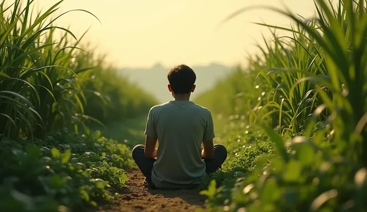 Young man sitting in a sugarcane plantation seen from afar  